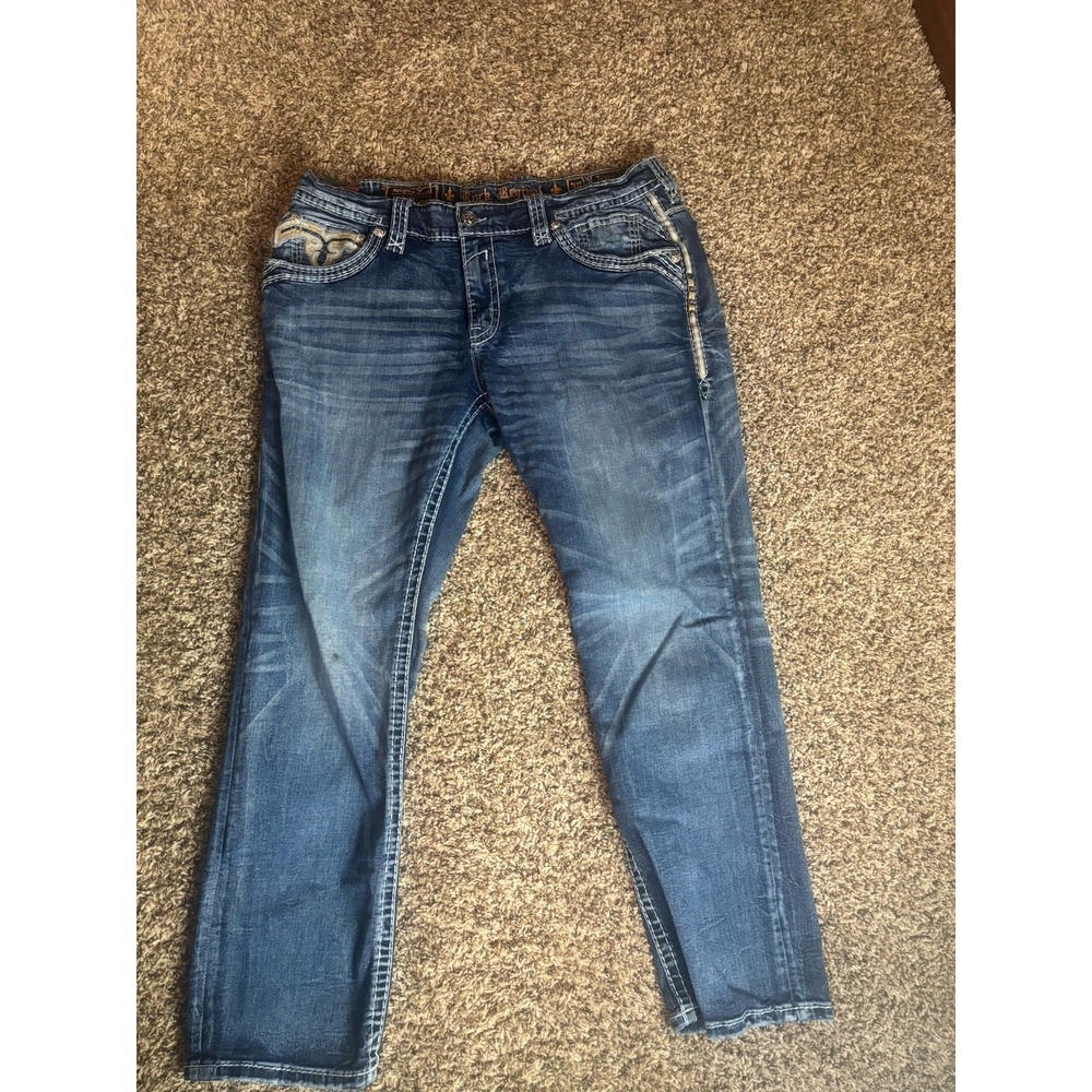 Men's Rock Revival Tanner Relaxed‎ Taper Jeans Distressed Size 38x29